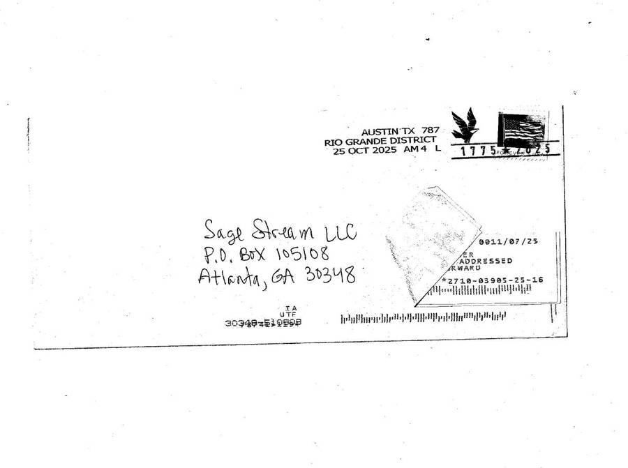 Envelope addressed to SageStream returned by the postal service as undeliverable